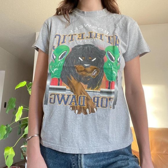 90's Roswell Athletics TOP DAWG Alien Rottweiler Vintage T shirt - Picture 3 of 3